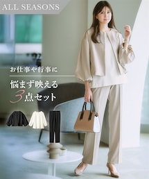 nissen | 【レディーススーツ】ドビー素材3点セットスーツ（ブルゾン風ジャケット＋ブラウス＋テーパードパンツ）<大きいサイズ有>(フォーマルスーツ/小物)