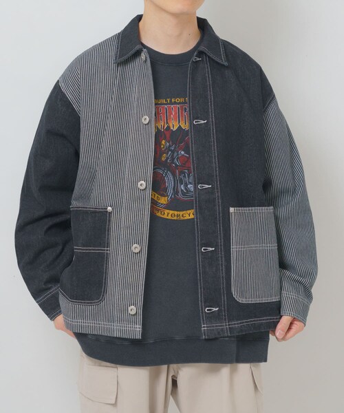 ITEMS URBANRESEARCH（アイテムズ アーバンリサーチ）の「ヒッコリー×デニム切替ワークジャケット（デニムジャケット・メンズ・BLK/NVY・M/L）」の5枚目の写真