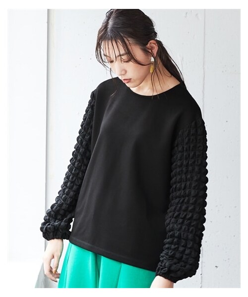 nissen（ニッセン）の「大きいサイズポコポコ袖切替カットソープルオーバー（Tシャツ/カットソー・レディース・アシッドイエロー/ブラウン/黒・L/LL/3L/4L/5L/6L/8L/10L）」の3枚目の写真