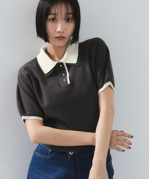 VIS（ビス）の「ダブルカラーポロトップス（ポロシャツ・レディース・チャコール/キナリ/ブラウン・F）」の2枚目の写真