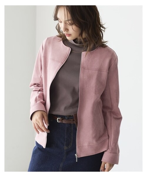 nissen（ニッセン）の「フェイクスエードノーカラーライダースジャケット＜大きいサイズ有＞（ライダースジャケット・レディース・ライトグレージュ/モカブラウン/ミントグリーン/くすみピンク/アイスブルー※26春新色/【使用不可1】/【使用不可2】/【使用不可3】・L/LL/3L/4L/5L/6L/8L/10L/S/M）」の4枚目の写真