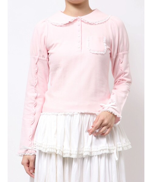 merry jenny（メリージェニー）の「frilly polo tops（ポロシャツ・レディース・オフホワイト/グレー/ピンク・F）」の5枚目の写真