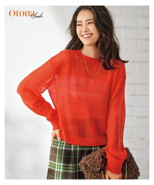 nissen（ニッセン）の「モヘヤタッチシアーニットプルオーバー【OtonaSMILE】（ニット/セーター・レディース・バーミリオンオレンジ/オフホワイト・M/L/LL/3L/4L/5L/6L）」の2枚目の写真