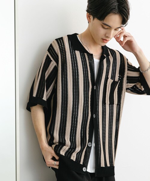 SENSE OF PLACE by URBAN RESEARCH(センスオブプレイスバイアーバンリサーチ)の「ストライプショートスリーブニットシャツ(ニット/セーター・メンズ・BLACK/GREIGE/MINT・M/L)」の6枚目の写真