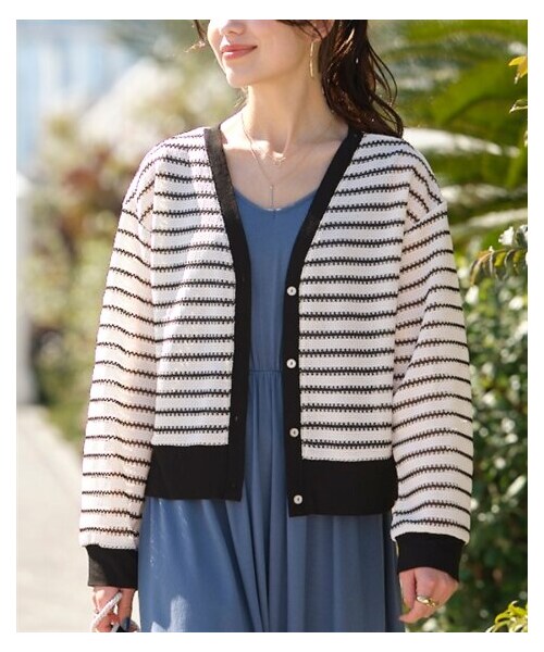 nissen（ニッセン）の「大きいサイズ　透かしジャガードカットソーＶネックカーディガン（カーディガン/ボレロ・レディース・オフホワイト/黒/エクリュ*黒ボーダー・L~LL相当/3L~4L相当/5L~6L相当/8L相当/10L相当）」の8枚目の写真