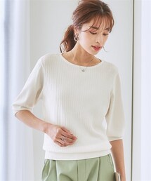 nissen | 【ひんやり接触冷感】パフ袖ボートネックリブニット（ＵＶカット・毛玉防止）(ニット/セーター)