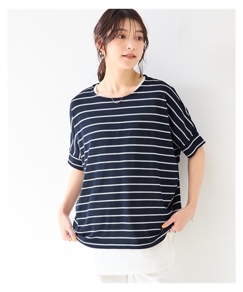 nissen（ニッセン）の「綿混うすカルゆるシルエット５分袖ドルマンプルオーバー（ＵＶカット・吸汗速乾・抗菌防臭・毛玉防止）＜大きいサイズ有＞（Tシャツ/カットソー・レディース・ソフトグリーン/杢チャコールグレー/ネイビー×オフホワイト/オフホワイト×ブルー/グレージュ×オフホワイト/オフホワイト×黒/スモーキーパープル×オフホワイト・S~M相当/L~LL相当/3L~4L相当/5L~6L相当/8L相当/10L相当）」の10枚目の写真