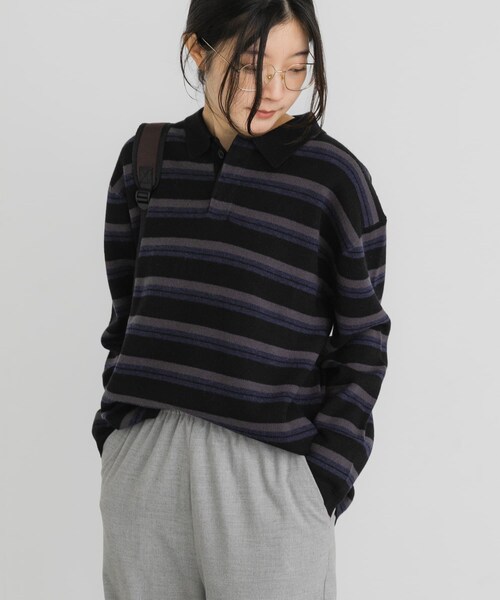 EKAL（エカル）の「ジャガードボーダーポロニット（ニット/セーター・レディース・ベージュ/ブラック/ブラウン・One）」の9枚目の写真