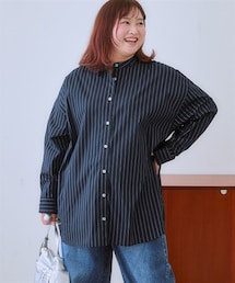 SMILE LAND | ＜大きいサイズ＞バックギャザーデザインストライプシャツチュニック(シャツ/ブラウス)