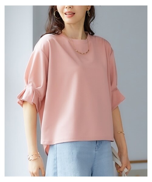 nissen（ニッセン）の「大きいサイズ キャンディースリーブプルオーバー（透けにくい素材・吸汗速乾・UVカット）（Tシャツ/カットソー・レディース・オフホワイト/スモーキーピンク/ネイビー/モカベージュ・L/LL/3L/4L/5L/6L/8L/10L）」の4枚目の写真