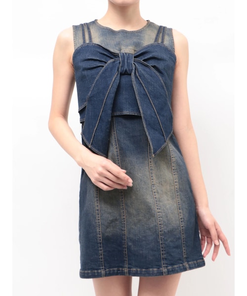 CALNAMUR（カルナムール）の「ユーズドライクデニムリボンビスチェ（キャミソール・レディース・ブラック/インディゴ・F）」の4枚目の写真