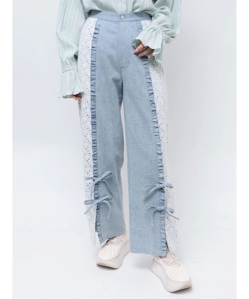 merry jenny（メリージェニー）の「スリットレースパンツ（デニムパンツ・レディース・ブルー/ミックス/ピンク・F）」の3枚目の写真