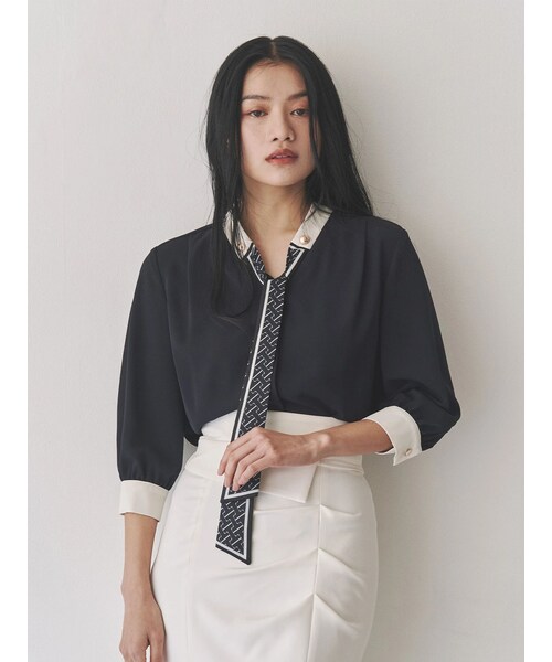 TONAL（トーナル）の「スカーフタイドッキング7分袖ブラウス（シャツ/ブラウス・レディース・ベビーピンク/ネイビー・M）」の10枚目の写真