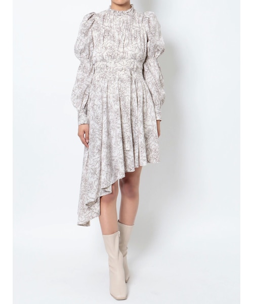 アシメギャザーミディワンピース