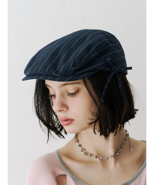 jouetie（ジュエティ）の「サイドリボンストライプハンチング（ハンチング/ベレー帽・レディース・グレー/ネイビー・F）」の4枚目の写真