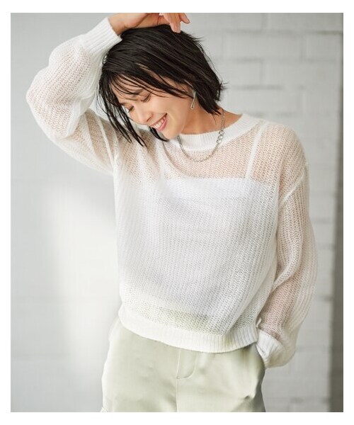 nissen（ニッセン）の「モヘヤタッチシアーニットプルオーバー【OtonaSMILE】（ニット/セーター・レディース・バーミリオンオレンジ/オフホワイト・M/L/LL/3L/4L/5L/6L）」の8枚目の写真