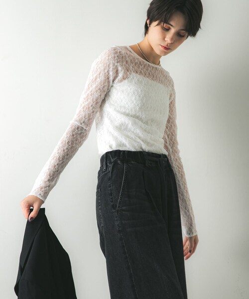 URBAN RESEARCH（アーバンリサーチ）の「ストレッチレースクルーネックブラウス（Tシャツ/カットソー・レディース・OFF/BLACK・FREE）」の12枚目の写真