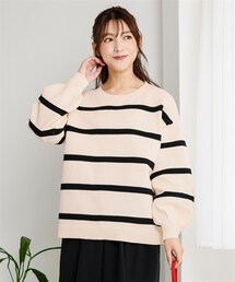 nissen | 大きいサイズかるfuwaビッグシルエット立体ボーダーニット（型崩れしにくい）(ニット/セーター)