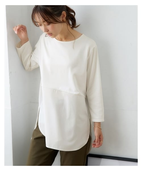 nissen（ニッセン）の「あったか裏起毛シャツ切替重ね着用インナートップス＜大きいサイズ有＞（Tシャツ/カットソー・レディース・オフホワイト/黒×ネイビー系・S/M/L/LL/3L/4L/5L/6L/8L/10L）」の4枚目の写真