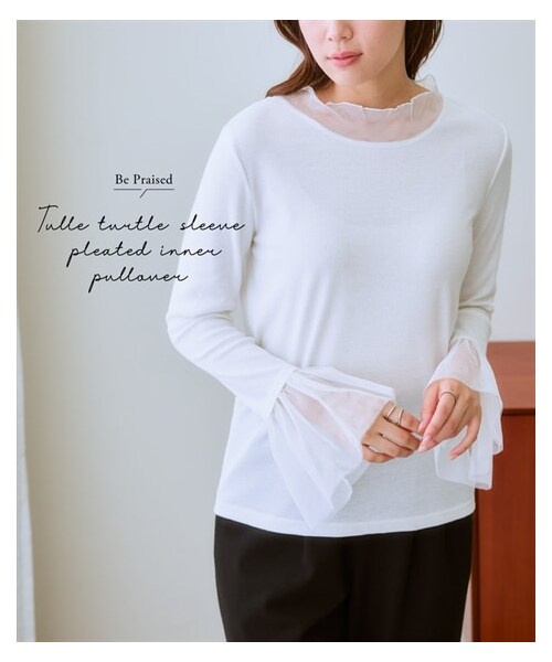 nissen（ニッセン）の「チュールタートル袖プリーツインナープルオーバー（Tシャツ/カットソー・レディース・オフホワイト/黒・S/M/L/LL/3L/4L/5L/6L）」の3枚目の写真
