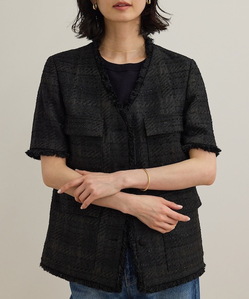 ROPE'（ロペ）の「サマーツイードハーフスリーブジャケット（ノーカラージャケット・レディース・ブラック/オフホワイト・F）」の14枚目の写真