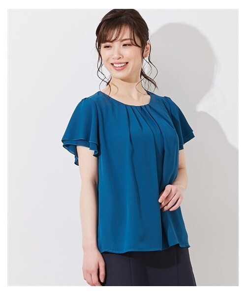 nissen（ニッセン）の「【大きい胸専用】タック入フレア2枚袖ジョーゼットブラウス（半袖）（シャツ/ブラウス・レディース・オフホワイト/ネイビー/ブルーグリーン/グレージュ/ブラック/オフホワイト×黒ストライプ・FM/FL/FLL/F3L）」の16枚目の写真