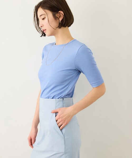 ROPE'（ロペ）の「コンフォートリブハーフスリーブカットソー(5分袖)/イージーケア・接触冷感（Tシャツ/カットソー・レディース・ブラック/ブラウン/サックス・F）」の8枚目の写真