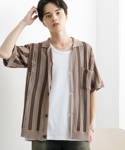 SENSE OF PLACE by URBAN RESEARCH(センスオブプレイスバイアーバンリサーチ)の「ストライプショートスリーブニットシャツ(ニット/セーター・メンズ・BLACK/GREIGE/MINT・M/L)」の3枚目の写真