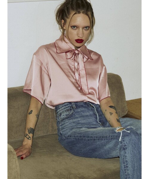 jouetie（ジュエティ）の「BIGカラータイブラウス（シャツ/ブラウス・レディース・グリーン/ピンク/ミックス/アイボリー/ブラック/ダークミックス・M）」の7枚目の写真