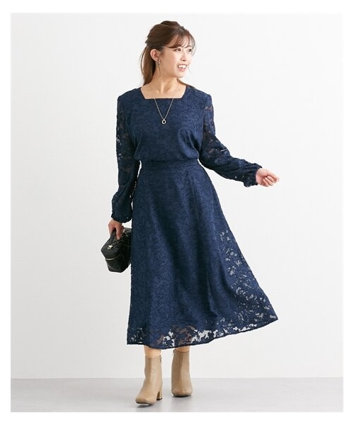 45rpmネイビーワンピース 長袖 ポケット付き 大きい胸専用】長袖ジョーゼットカシュクールワンピース（ポケット付