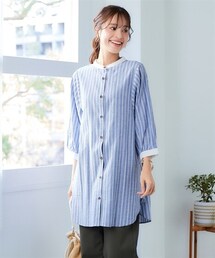 nissen | 大きいサイズ　綿１００％柔らか７分袖バンドカラーゆるシャツチュニック(チュニック)