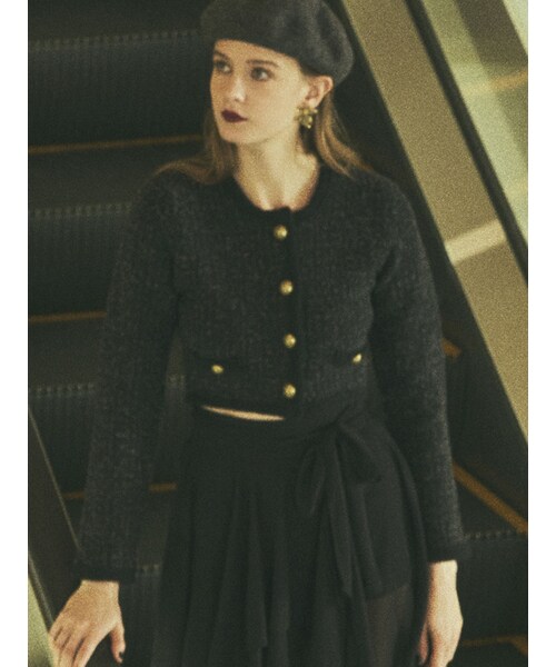 RESEXXY（リゼクシー）の「ノーカラーニットショートジャケット【セットアップ着用可能】（ノーカラージャケット・レディース・ホワイト/グレー/ブラック・F）」の4枚目の写真