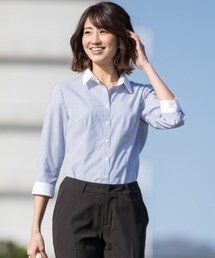 nissen | 形態安定ストライプ柄クレリックカラー７分袖シャツ（レギュラーバスト）(シャツ/ブラウス)