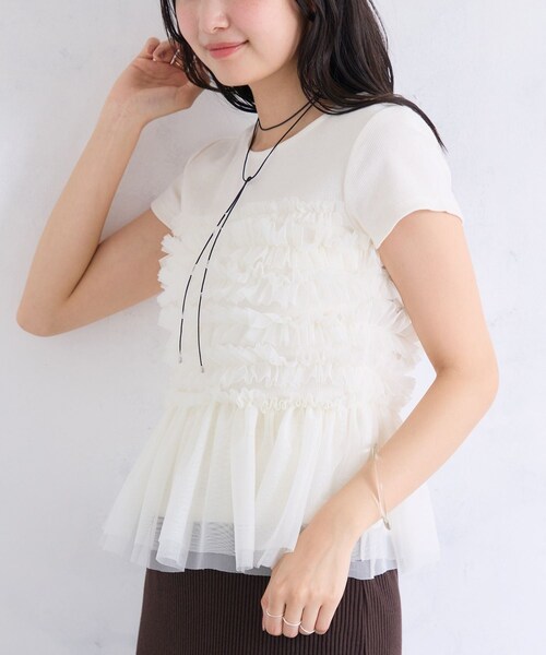 VIS（ビス）の「【夏トク価格】チュールフリルドッキングフレンチスリーブ/UVケア（Tシャツ/カットソー・レディース・チャコール/オフホワイト/ブラウン系・F）」の12枚目の写真