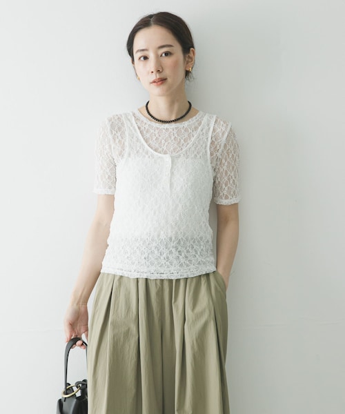 URBAN RESEARCH（アーバンリサーチ）の「ストレッチレースコンパクトTシャツ（Tシャツ/カットソー・レディース・OFF WHITE/BLACK・Free）」の7枚目の写真