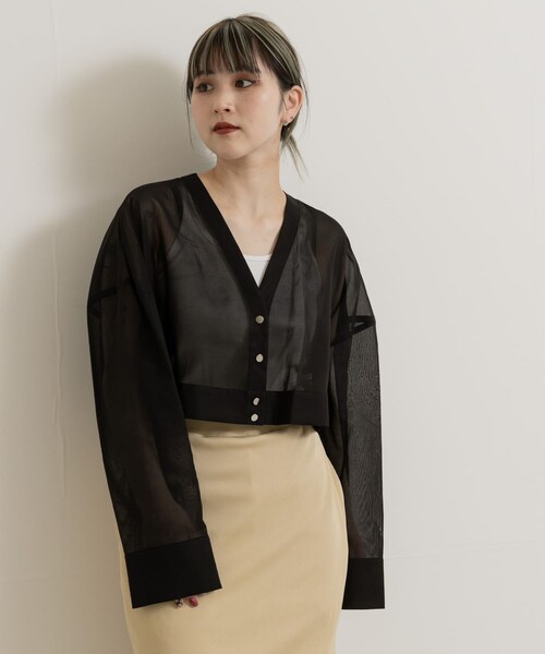 THE GOODLAND MARKET（ザグッドランドマーケット）の「『別注』MIDIUMISOLID×TGM　Organic cotton sheer cardigan（カーディガン/ボレロ・レディース・OFF/BLACK・one）」の20枚目の写真