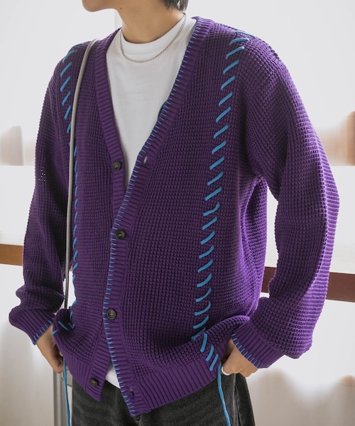 SENSE OF PLACE by URBAN RESEARCH（センスオブプレイスバイアーバンリサーチ）の「『ユニセックス』ブランケットステッチカーディガン（カーディガン/ボレロ・メンズ・L.GRAY/NAVY/PURPLE・M/L）」の3枚目の写真