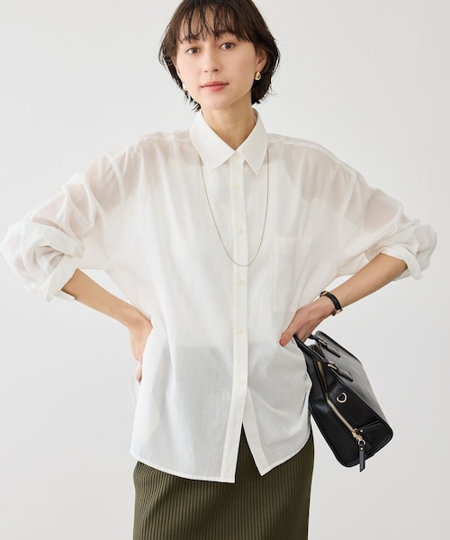 ROPE' PICNIC(ロペピクニック)の「お着軽シャツシリーズ 無地・ストライプ 2WAYシアーブラウス/接触冷感・通気性(シャツ/ブラウス・レディース・ホワイト/ネイビー/ブルー/ブルー系/ピンク/イエロー/ラベンダー/ダークブラウン/サックス/オレンジ・F)」の12枚目の写真