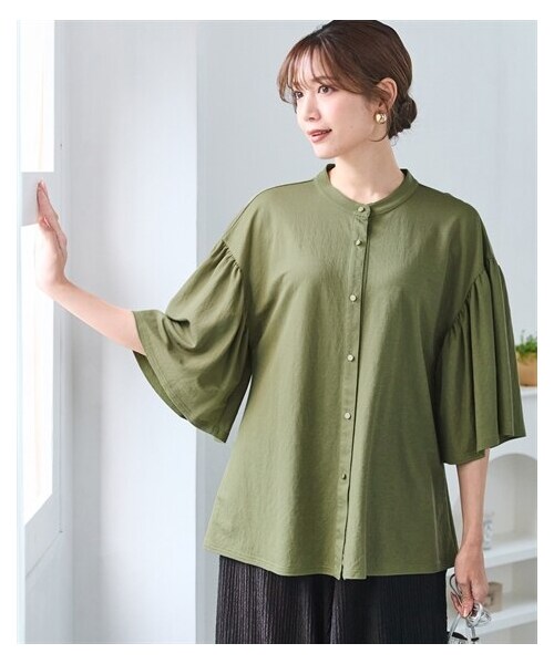 nissen（ニッセン）の「＜大きいサイズ＞美ラクRUタッチギャザーデザイントップス（接触冷感・抗菌防臭・UVカット・遮熱）（Tシャツ/カットソー・レディース・グレージュ/カーキグリーン/チャコール・L~LL/3L~4L/5L~6L/8L/10L）」の15枚目の写真