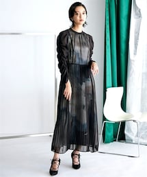 Callarus | 【結婚式・パーティー・オケージョンドレス】プリント重ねシフォンプリーツデザインワンピースドレス|大きいサイズ有〔Callarus〕(ドレス)