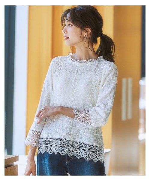 nissen（ニッセン）の「【カットソー裏地付】総レースブラウス（ウォッシャブル）（シャツ/ブラウス・レディース・アイボリー/モカベージュ/黒/グレイッシュサックス・S/M/L/LL/3L/4L/5L）」の11枚目の写真