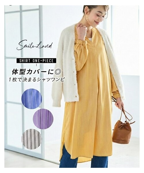 nissen（ニッセン）の「＜大きいサイズ＞スキッパーシャツワンピース（ワンピース・レディース・ブルー系/ラベンダー系/オフホワイト系/マスタード系・L/LL/3L/4L/5L/6L/8L/10L）」の2枚目の写真