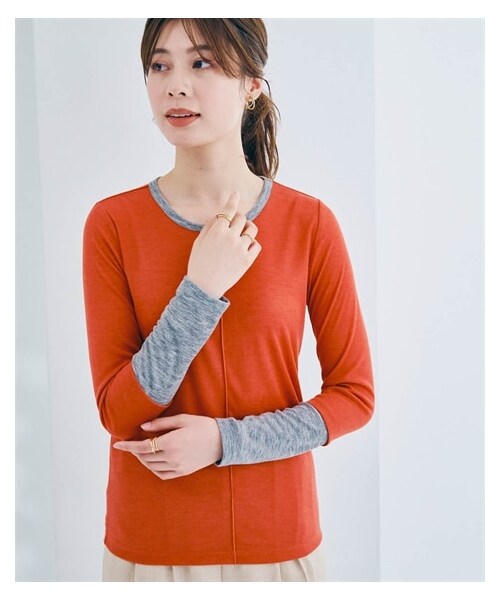 nissen（ニッセン）の「バイカラーシアー切り替えトップス（Tシャツ/カットソー・レディース・黒×ブルー/杢グレー×黒/オレンジ×杢グレー・S/M/L/LL）」の12枚目の写真