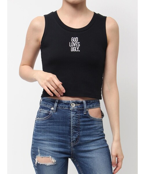 GYDA（ジェイダ）の「GOD LOVES UGLYサイドレースタンクトップ（タンクトップ・レディース・オフホワイト/ブラック/ライム・F）」の2枚目の写真
