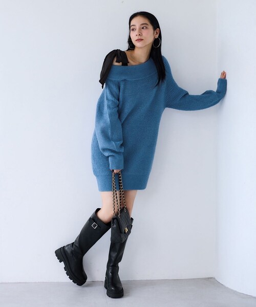 VIS(ビス)の「肩リボンミニ丈ニットワンピース/2WAY(ワンピース・レディース・グレー/キナリ/ブルー系・F)」の22枚目の写真