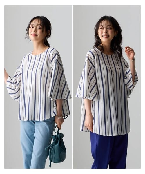 nissen（ニッセン）の「ゆるシルエット多機能フレアカットジョーゼットブラウス（吸汗速乾・抗菌防臭・接触冷感・UVカット）（選べる2丈）＜大きいサイズ有＞（シャツ/ブラウス・レディース・黒/オフホワイト/スモーキーピンク/モスカーキ/マルチストライプ・S~M相当/L~LL相当/3L~4L相当/5L~6L相当）」の10枚目の写真