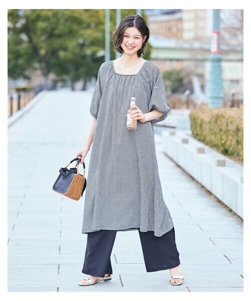 nissen（ニッセン）の「＜大きいサイズ＞カットソー楊柳さらっと軽いワンピース（ワンピース・レディース・ベージュ×黒系ギンガムチェック/オフホワイト×黒系ギンガムチェック/黒・L~LL/3L~4L/5L~6L/8L/10L/SS/S/M）」の5枚目の写真