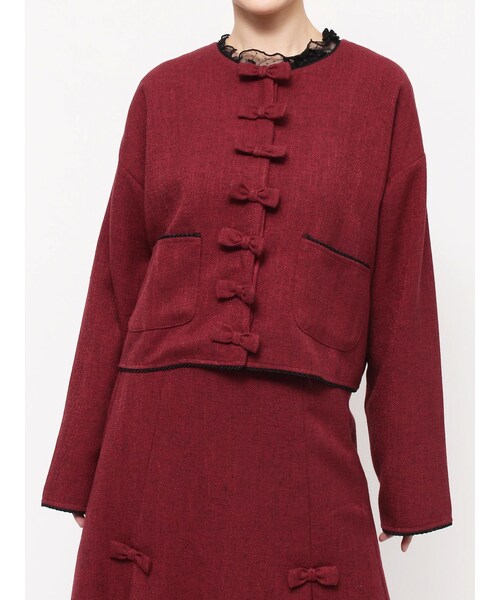 merry jenny（メリージェニー）の「リボンノーカラージャケット【セットアップ着用可能】（ノーカラージャケット・レディース・ブラック/レッド/グリーン・F）」の5枚目の写真