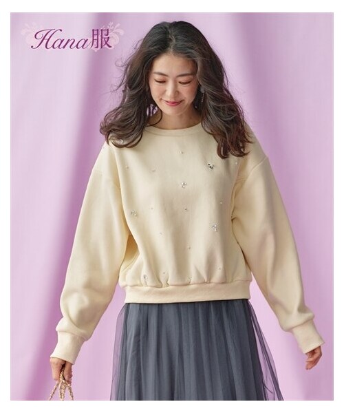 Tシャツ カットソー レディース フロントビジュー付 トップス Hana服 M/L ニッセン nissen フロントビジュー付カットソートップス＜大きいサイズ有