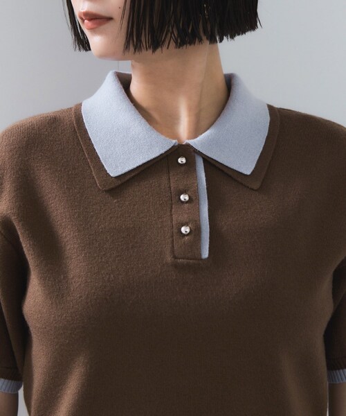 VIS（ビス）の「ダブルカラーポロトップス（ポロシャツ・レディース・チャコール/キナリ/ブラウン・F）」の20枚目の写真